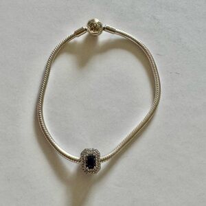 PANDORA Moments Round Clip Sterling Silver Bracelet with Blue Rectangular Charm